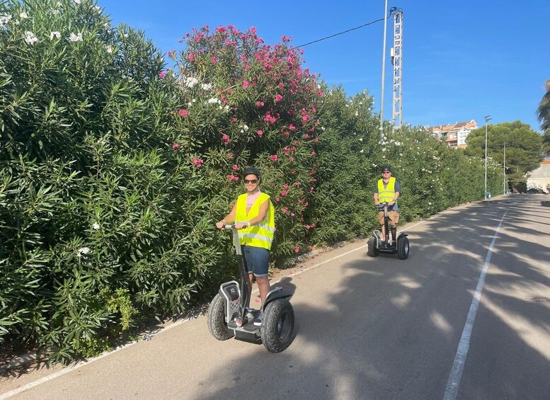 Two people riding Segways on a road flanked by dense foliage and flowering bushes. 5