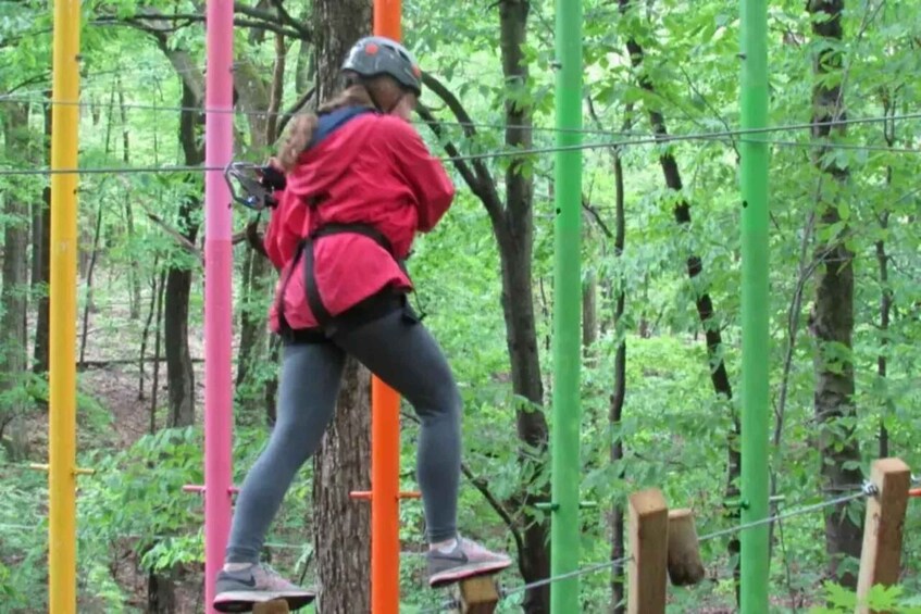 A person in a red jacket and gray pants navigating a zip line course through a forest. 4