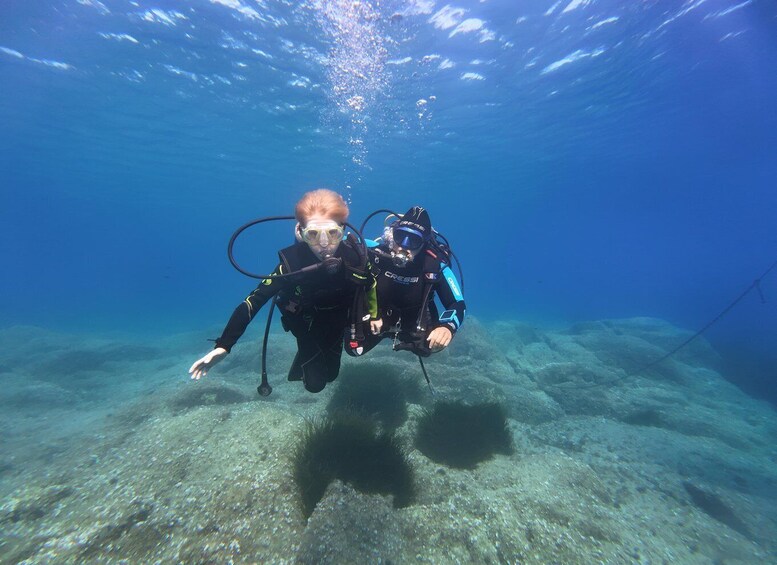 A diver underwater with a scuba tank and fins. 2