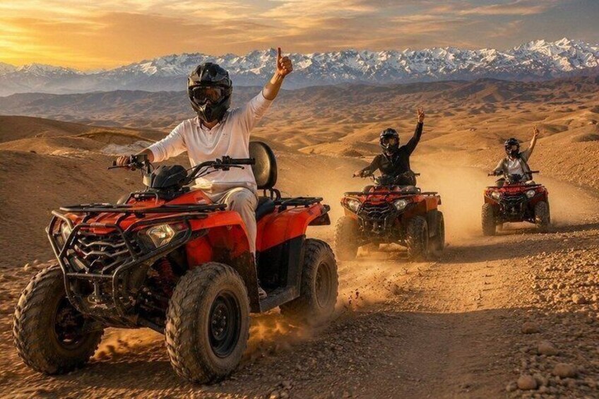 Three ATVs on a dirt road with a mountainous backdrop. 3