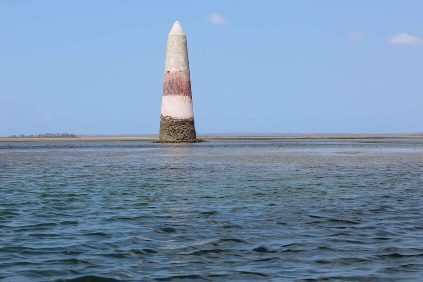 A conical buoy in the water with a clear sky. 5