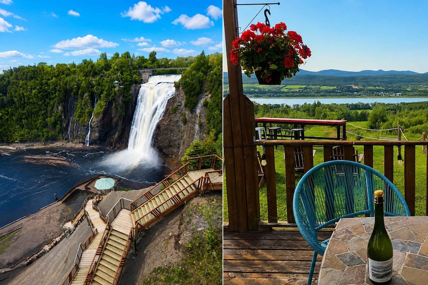 A waterfall, a wooden deck, a blue chair, and a bottle of wine. 1