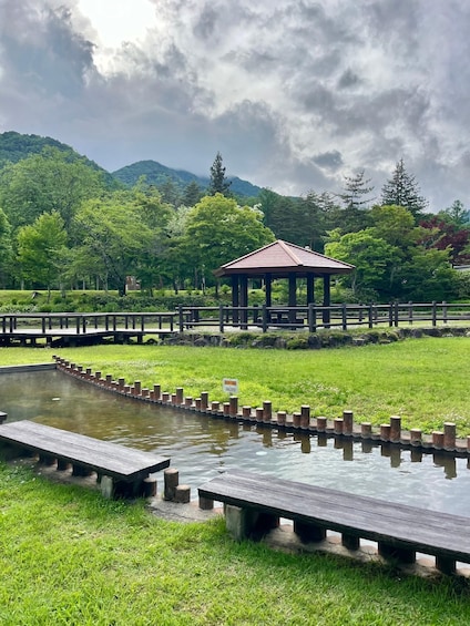 A gazebo in a park with a pond and wooden walkways. 2