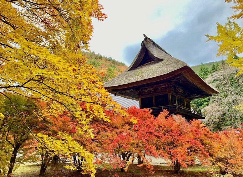 A traditional Japanese building surrounded by autumn foliage. 3