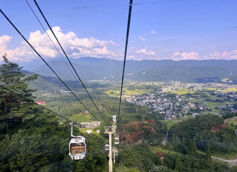 A cable car moving over a mountainous landscape with a town below. 5