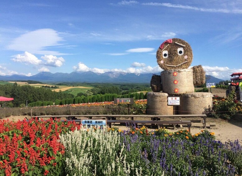 A large hay bale sculpture with eyes and a mouth, surrounded by colorful flowers and a mountainous landscape. 3