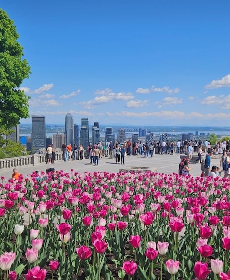 A cityscape with a tulip field in the foreground and a crowd of people. 1