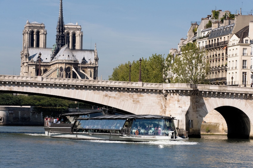 A river cruise boat under a stone bridge with Notre Dame Cathedral in the background. 1