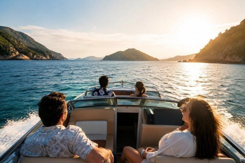 A boat with three people on a calm sea, surrounded by hills and a clear sky. 4
