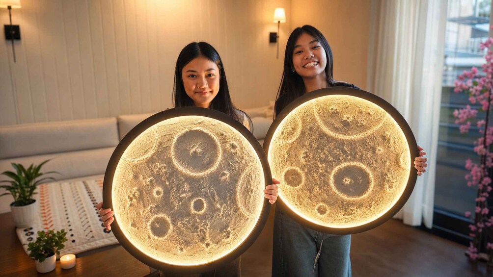 Two people holding illuminated spherical objects with lunar surface patterns. 3