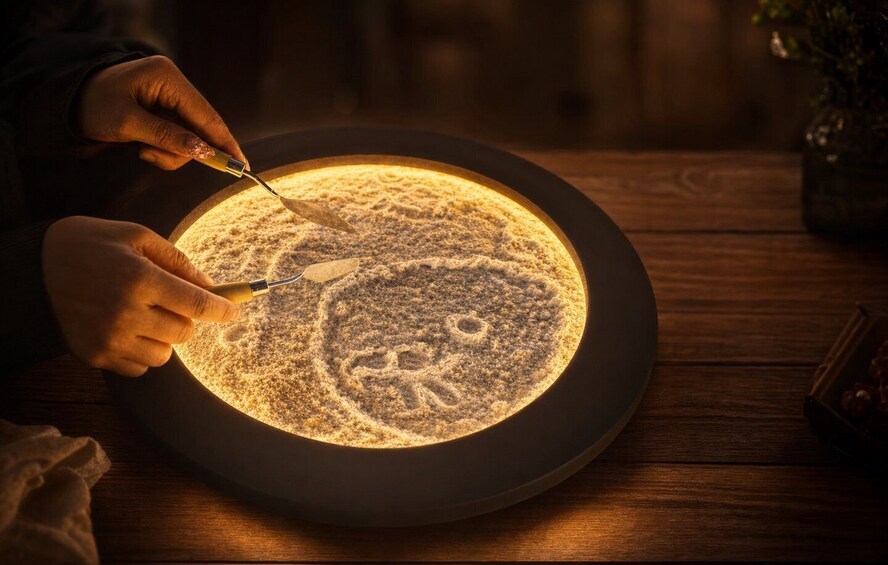 A person carving a design into a sand-filled glass dish. 5