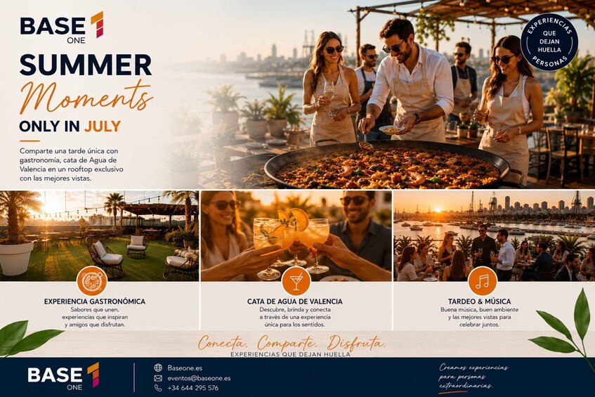 A summer event with outdoor dining, a large seafood dish, and a cityscape in the background. 4