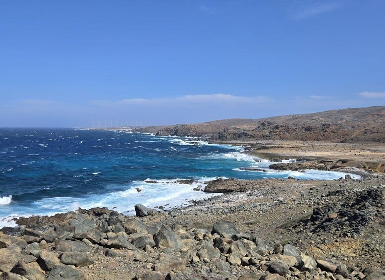 A rocky coastline with waves crashing against the shore, a clear sky, and wind turbines in the distance. 2