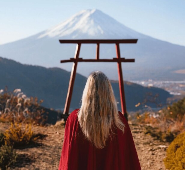 A person standing in front of a mountain with a red structure behind them. 1