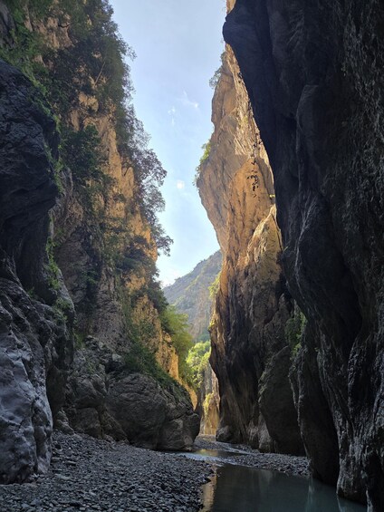 A canyon with a river, rocky terrain, and greenery. 5