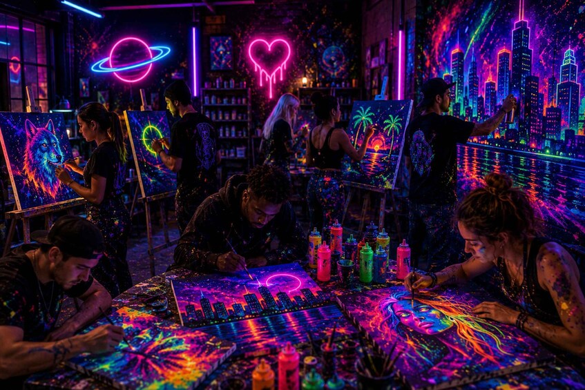 A group of people painting in a vibrant, neon-lit room with abstract cityscape murals. 1