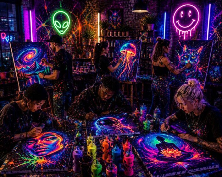 A group of people engaged in painting with vibrant, colorful artwork in a room with neon lights and a brick wall background. 3
