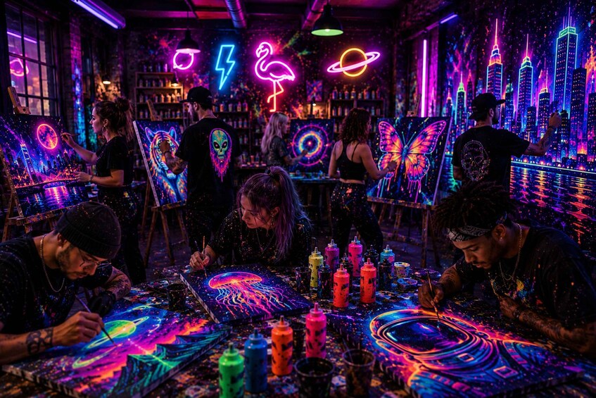 People painting vibrant, neon-themed artworks in a dimly lit room with colorful neon signs. 2