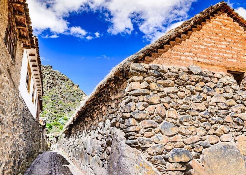 A narrow stone street flanked by traditional buildings with thatched roofs. 1