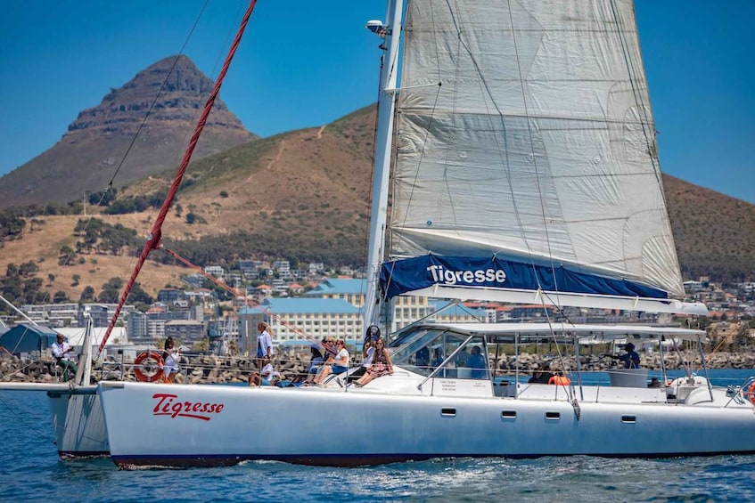 A sailboat named 'Tigresse' with a mountainous backdrop and a coastal town. 3