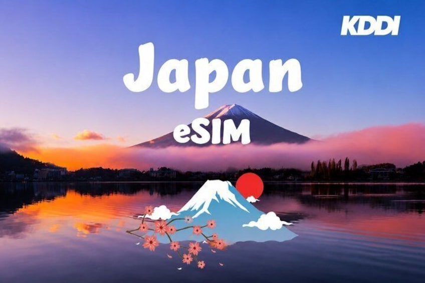 A sunset over a lake with Mount Fuji in the background and cherry blossoms in the foreground. 1