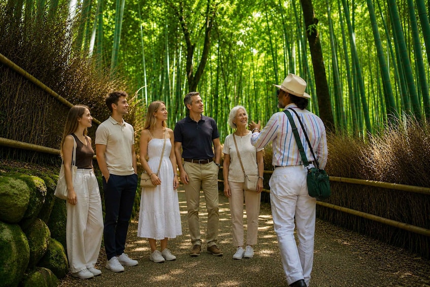 A group of people standing in a bamboo forest. 1