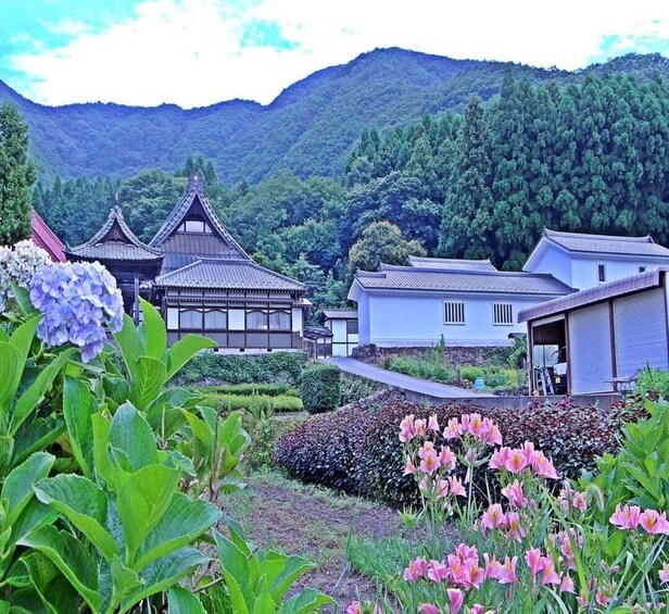 A traditional Japanese village with wooden buildings, lush greenery, and mountains in the background. 5