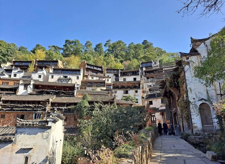 A traditional village with tiered buildings, a stone pathway, and lush greenery. 2