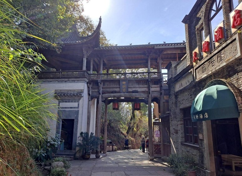 A traditional Chinese gate with intricate woodwork and a tiled roof, leading to a courtyard with potted plants and a building with a green awning. 5