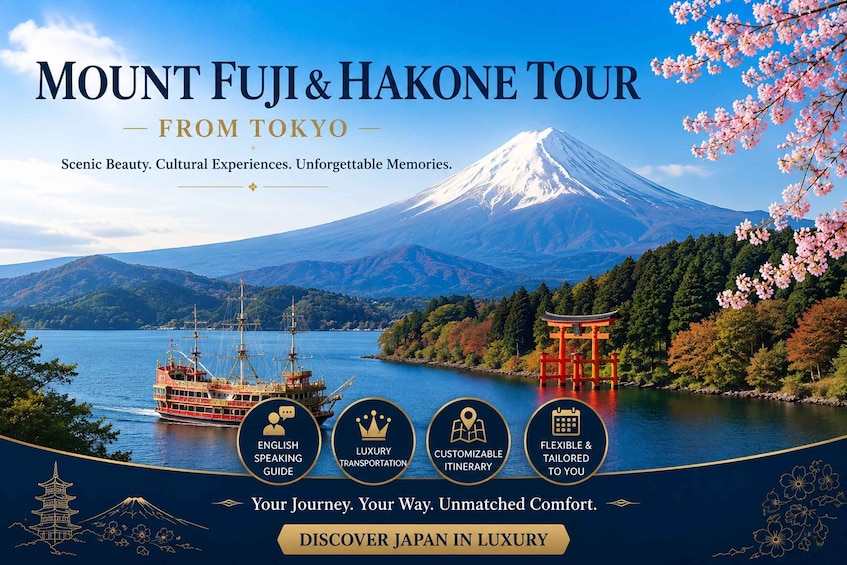 Mount Fuji and Hakone from Tokyo, with a boat and cherry blossoms. 1
