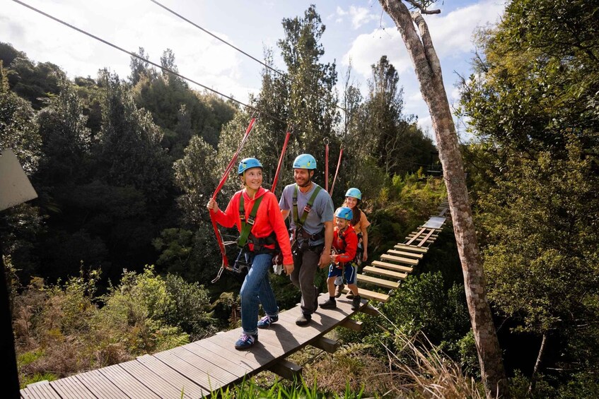 People on a wooden suspension bridge in a forested area. 5