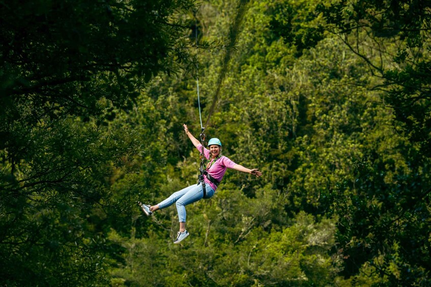 A person bungee jumping with outstretched arms, surrounded by dense green foliage. 1