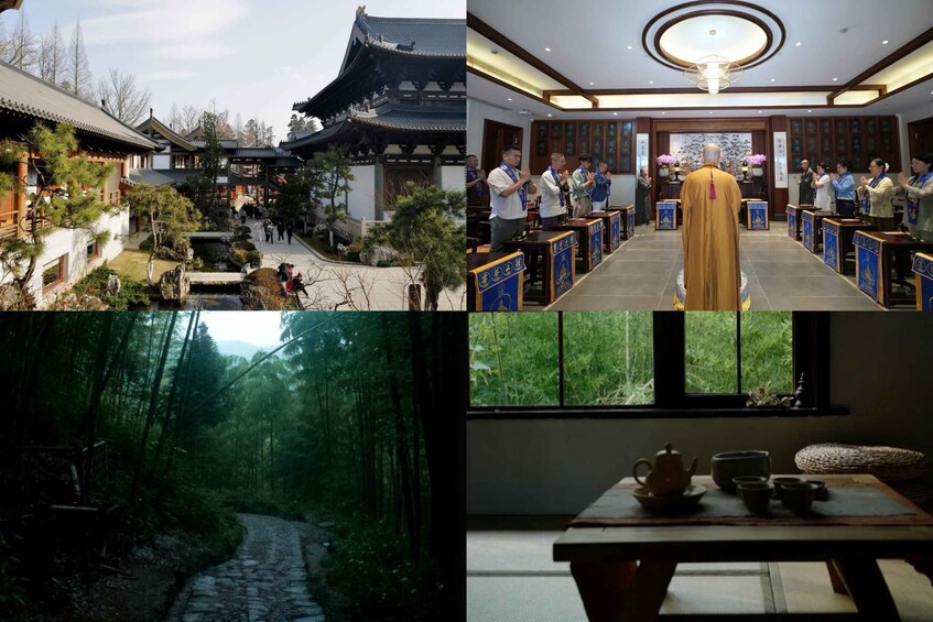 A traditional courtyard with buildings, a pond, and a forest path. 1