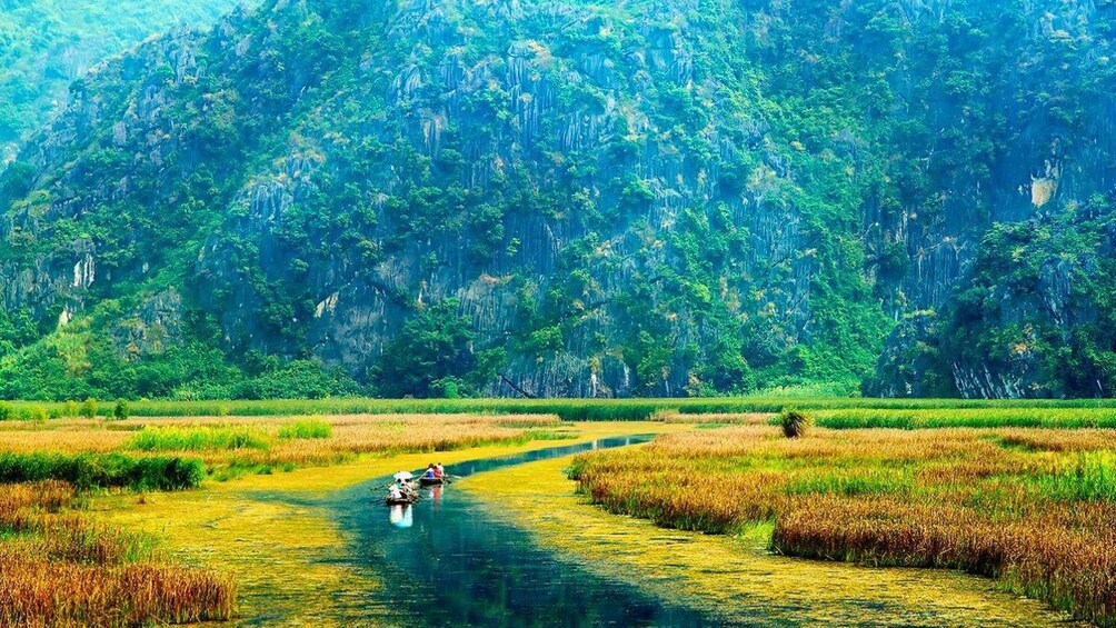 A river with boats, surrounded by lush greenery and a forested mountain. 4