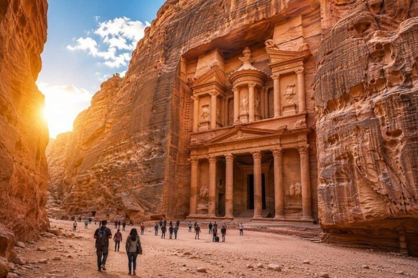 A rock-cut architectural structure with columns and a large doorway, surrounded by a canyon. 1