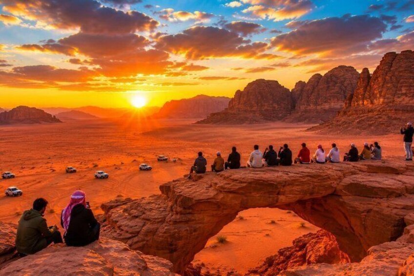 A desert sunset with a rock arch and people observing the view. 4