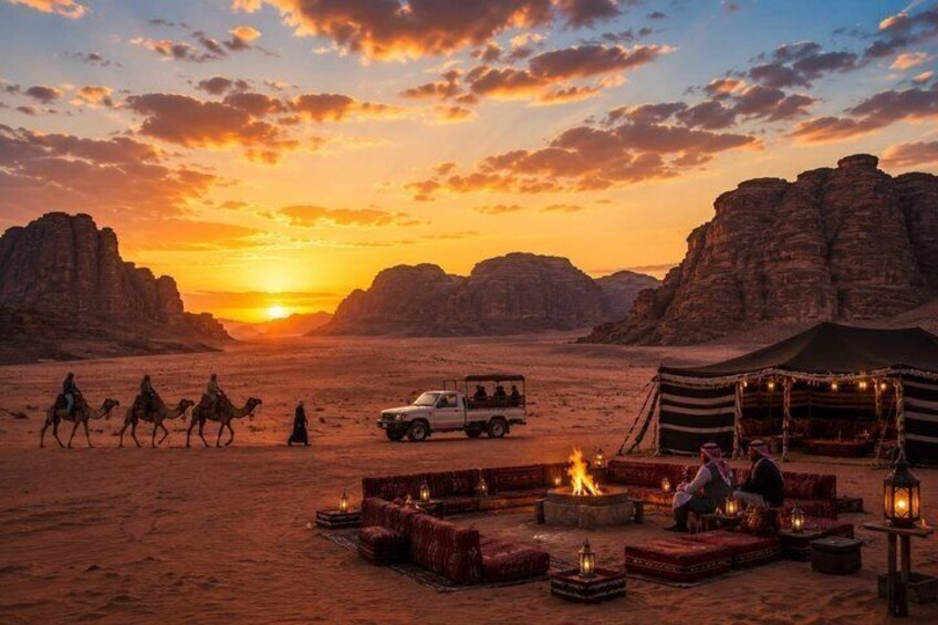 A desert sunset with camels, a tent, and a vehicle. 5