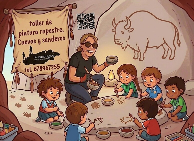 A workshop with children painting pottery, a bull illustration, and a banner with a phone number. 3