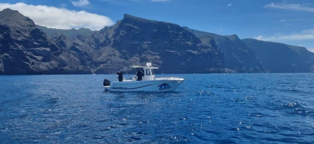 A boat on calm blue water with mountains in the background. 1