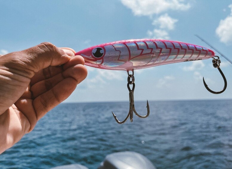A hand holding a pink fishing lure with two hooks, over a body of water. 2