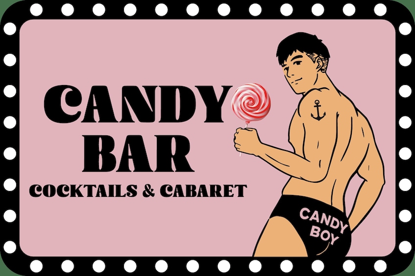 A man in a candy-themed outfit with a lollipop, labeled 'CANDY BAR COCKTAILS & CABARET'. 1