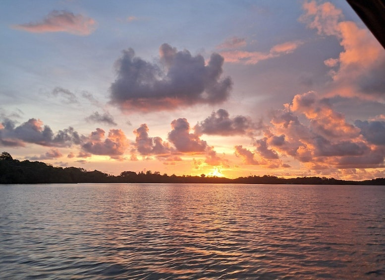A sunset over a calm lake with a silhouette of trees on the horizon. 3