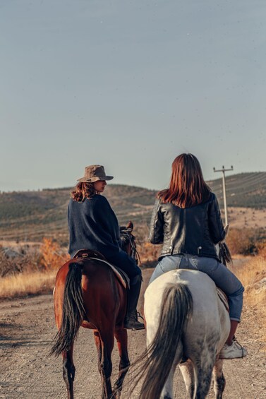 Two people riding horses on a dirt road with a hilly landscape in the background. 3