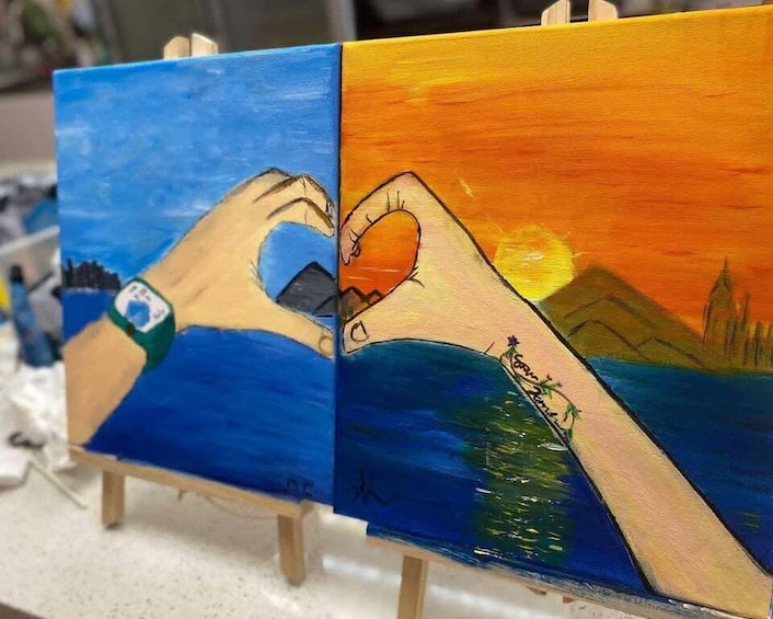 A series of paintings with abstract human figures and landscapes. 4