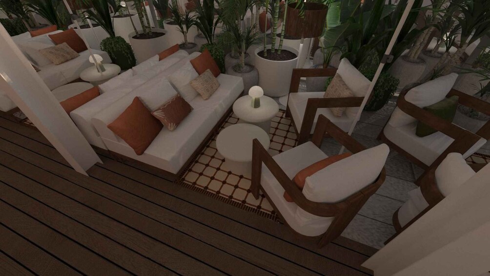 A modern outdoor lounge area with white sofas, brown cushions, and wooden chairs. 2