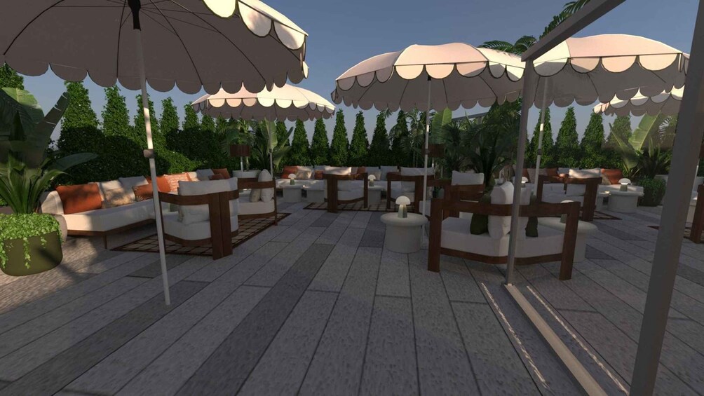 An outdoor patio with multiple seating areas, umbrellas, and greenery. 5