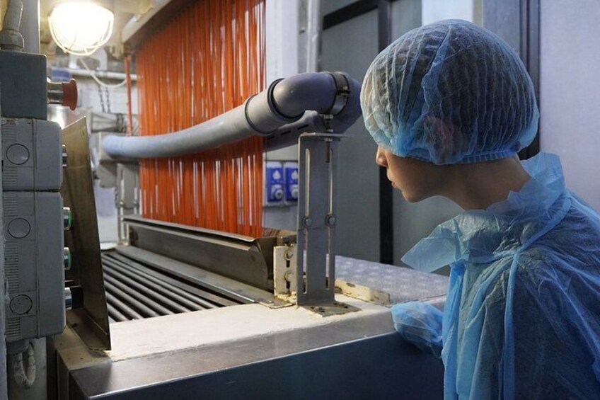 A person in a blue protective suit and hairnet working with a machine. 2