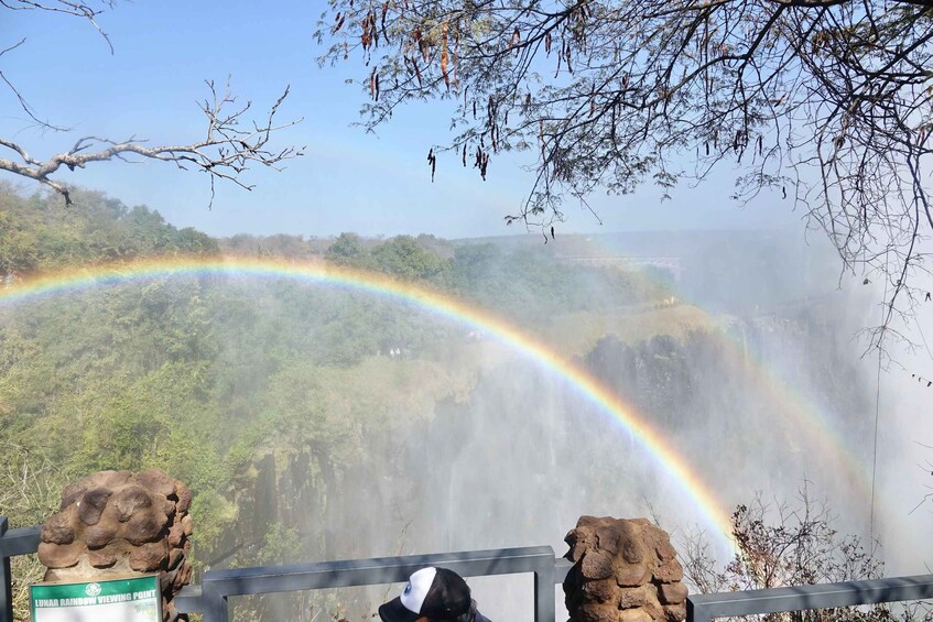 A waterfall with a rainbow, surrounded by trees and a viewing point sign. 1