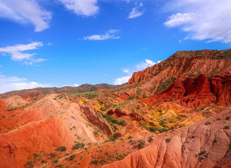 A rugged desert landscape with red and orange rock formations under a clear blue sky. 3