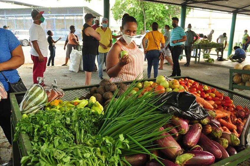 A market stall with fresh vegetables and people shopping. 2